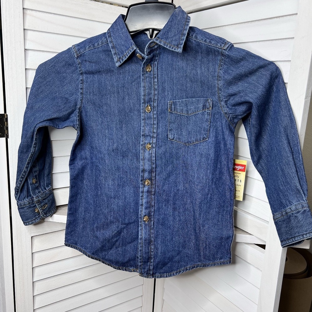 NWT Wrangler Blue Denim Button Up Long‎ Sleeve Shirt Boy's Small 6/7